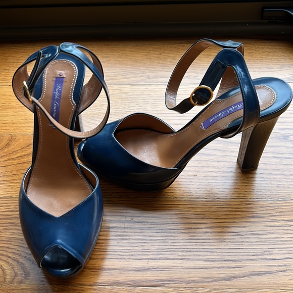 Ralph Lauren blue patent peep toe platform heels w ankle strap 39.5 purple label - Picture 3 of 10